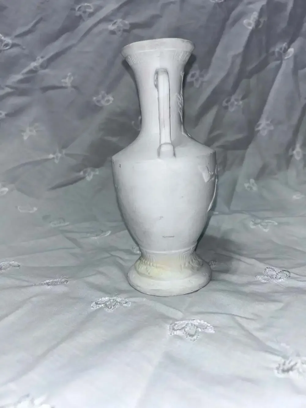 Vintage Neoclassical Bisque Porcelain Greek Amphora Bud Vase w Embossed Relief
